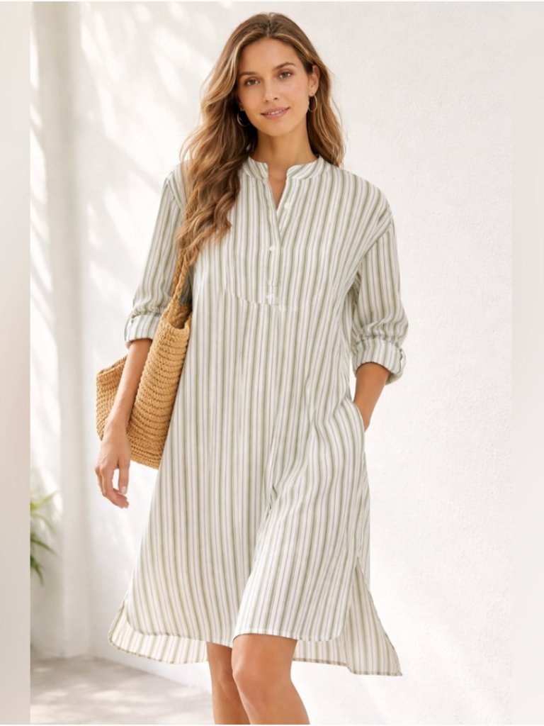 Airelles Liquette Stripe Dress Green Ivory Size Medium Cotton Shirt Dress L